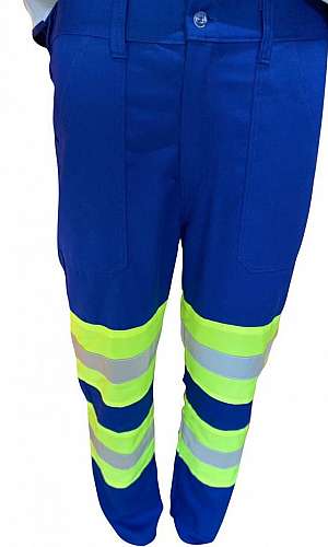 calça de brim com faixa refletiva calça de brim com faixa refletiva